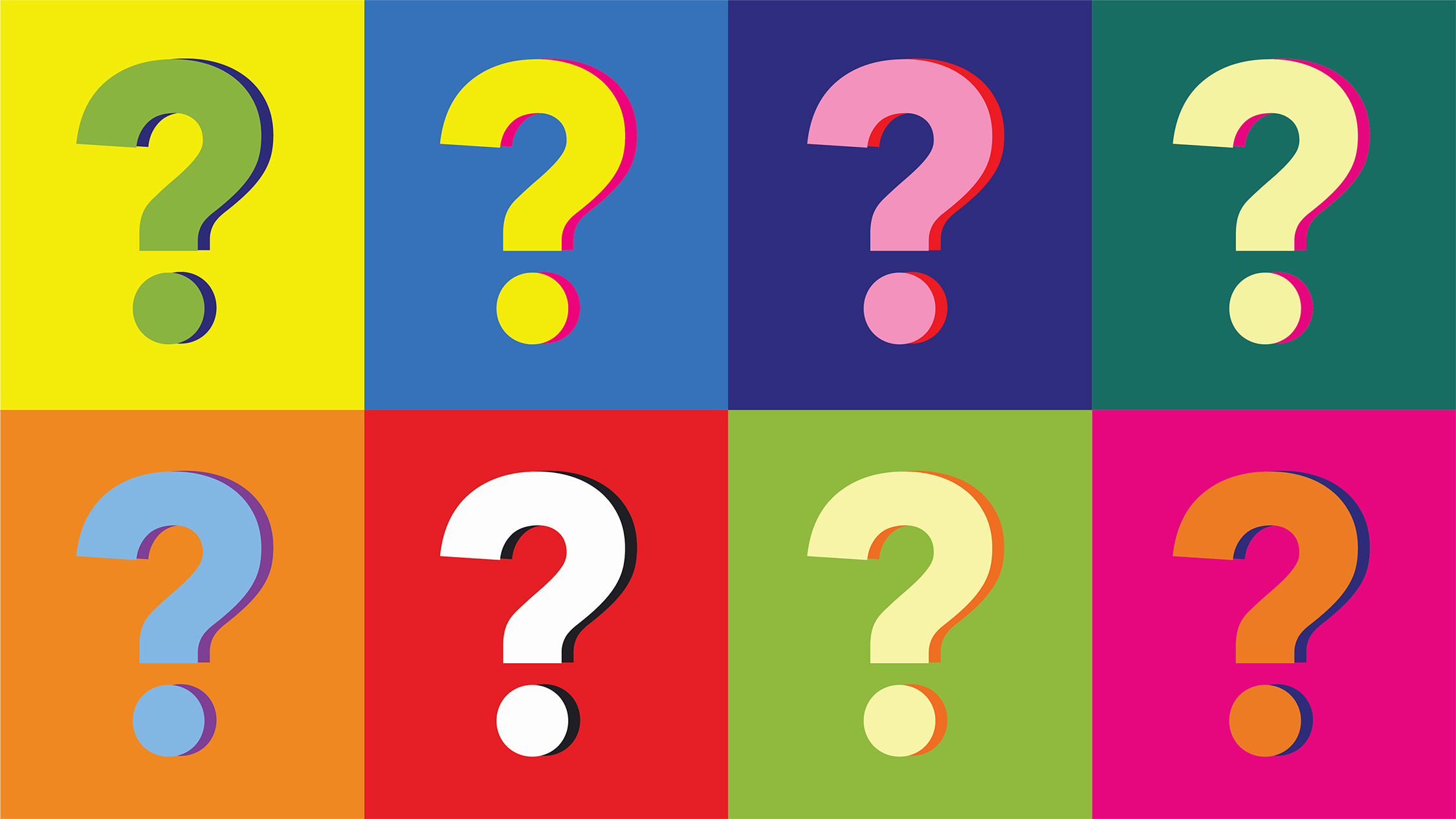Solve Problems or Create Them - colored question marks on Andy Warhol style background