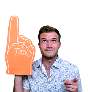 Austin Rhoads pointing with orange foam finger