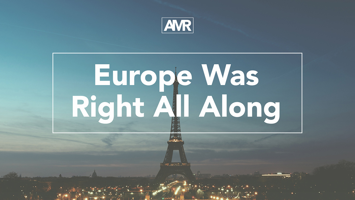 Europe Right All Along cover - Eiffel Tower with lights at night