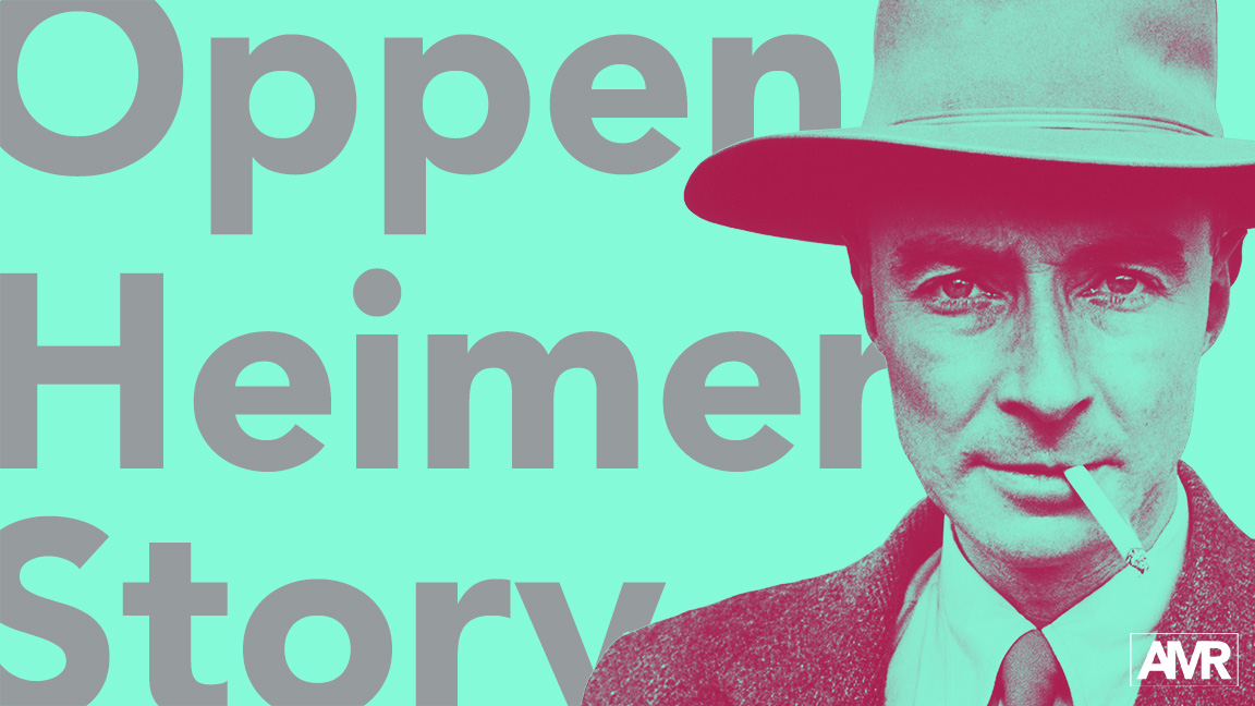 Oppenheimer Story cover - J. Robert Oppenheimer portrait on green background